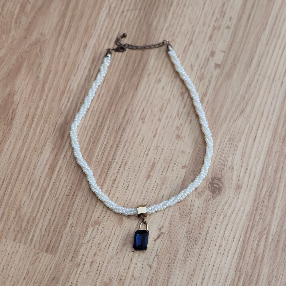 Faux Pearl Braided Choker Necklace Blue Faceted Pendant Adjustable Multi Strand